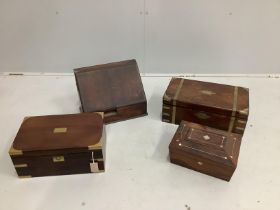 Two 19th century brass mounted writing slopes, a stationery cabinet and a work box