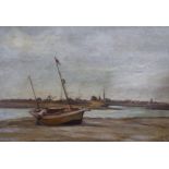W B Rowe (1910-1955) oil on board, River Adur with beached fishing boats, signed, 24 x 34cm