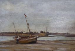 W B Rowe (1910-1955) oil on board, River Adur with beached fishing boats, signed, 24 x 34cm