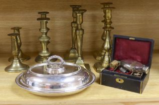 Four pairs of brass candlesticks, silver plated tureen and cover and a leather jewellery box with