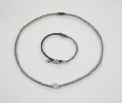 A modern Links of London, silver necklace with diamond cluster motif and a similar bracelet, in