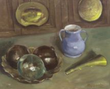 Haygevelt, oil on canvas, Still life of glass floats and brassware on a table top, signed, 50 x