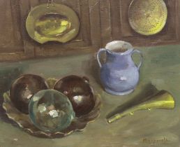 Haygevelt, oil on canvas, Still life of glass floats and brassware on a table top, signed, 50 x