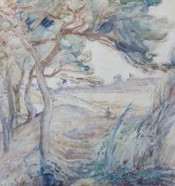 Stany Sassy (French, 20th. C) watercolour, 'Les Pins', signed, details verso, 43 x 40cm