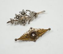 A late Victorian, yellow metal, white metal and diamond cluster set foliate spray brooch, 53mm,