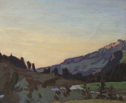 Karl Reber (1870-1931), oil on canvas, Mountainous landscape, 'Razliapl', unsigned, details verso,