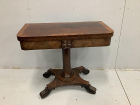 An early Victorian banded mahogany folding tea table, width 92cm, depth 45cm, height 78cm