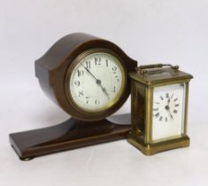 A carriage clock and an Edwardian strung mahogany mantel clock, 24cm wide