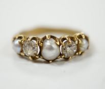 A late Victorian yellow metal and graduated three stone split pearl and two stone diamond set half