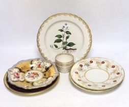 A Derby ‘botanical specimen’ plate, c.1800, together with four 19th century English plates and a