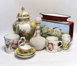 A Dresden jar and cover and similar cup and saucer, a large floral vase, two floral mugs, a floral