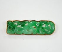 A Chinese 14k yellow metal and carved jade set rounded rectangular brooch, 63mm, gross weight 18.8