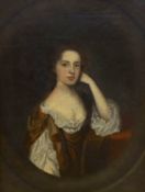 19th century English School, oil on canvas, Portrait of a lady wearing 17th century dress, feined