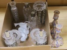 Two pairs of glass lustres, a larger lustre, other glassware, a pair of pottery candle sticks and