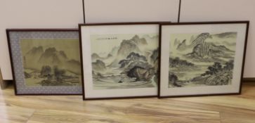 Three Chinese watercolours on silk, Mountainous landscapes with pagodas, largest 30 x 37cm