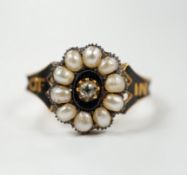 A Victorian 18ct gold, diamond, split pearl and black enamel set mourning ring, size O, gross weight
