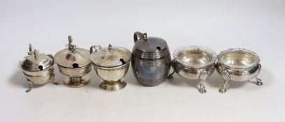 A pair of George III silver bun salts, London, 1767, together with four assorted George V silver