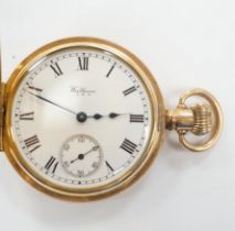 A gold plated Waltham half hunter keyless pocket watch, with Roman dial and subsidiary seconds.