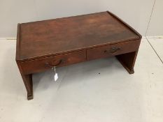 A Japanese elm two drawer low writing table, width 84cm, depth 54cm, height 34cm