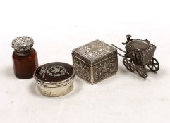 A small George V silver and tortoiseshell piquet pill box, 41mm and three other items including a