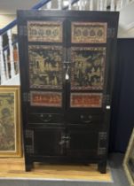 A Chinese lacquered side cabinet, width 109cm, depth 50cm, height 203cm