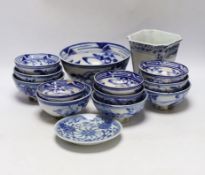 A group of Chinese blue and white bowls a dish and a Delft blue and white vase, largest 19cm in