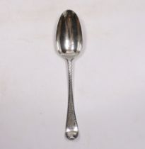 A late George II? bright cut engraved base mark table spoon, marks pinched and rubbed, 20.3cm, 64