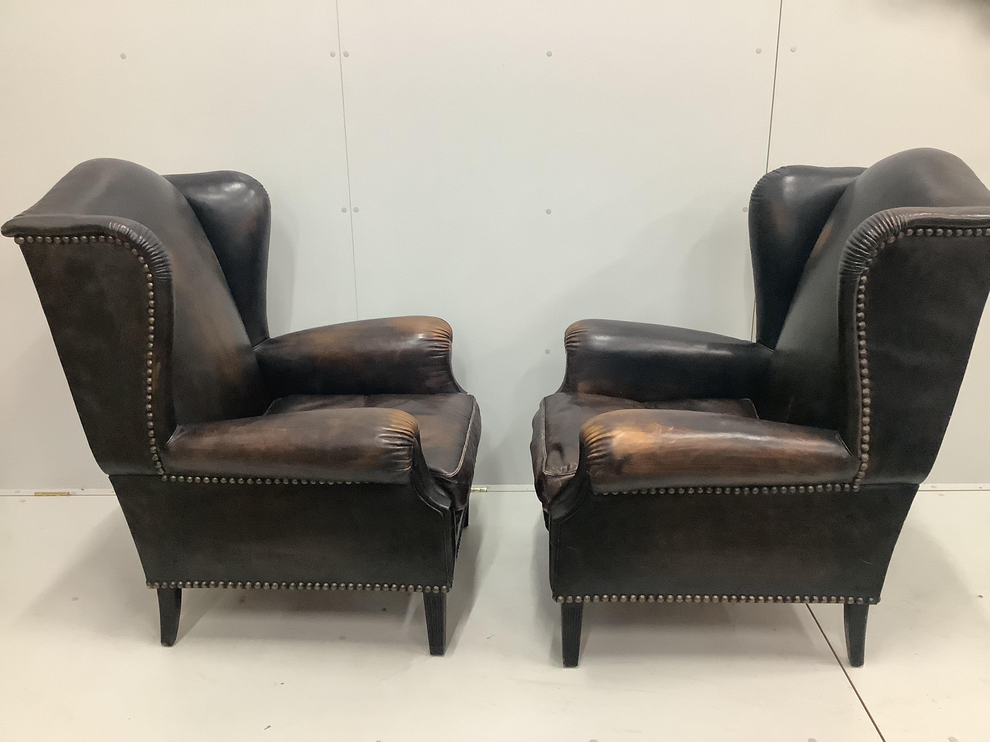 A pair of Victorian style brown leather wing armchairs, width 78cm, depth 88cm, height 106cm - Image 2 of 2