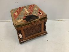 A Victorian walnut box seat stool, width 49cm, depth 50cm, height 47cm