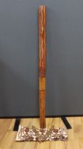 An Aboriginal decorated didgeridoo, a fabric painted panel and two decorated wooden sticks, fabric