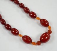 A single strand graduated simulated cherry amber bead necklace, with four simulated orange amber