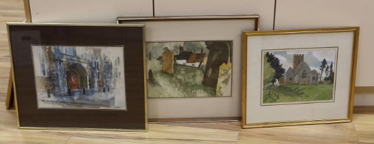 Three watercolours comprising two by Ray Evans (1920–2008) graveyard before cottages and gothic