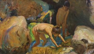 After Henry Scott Tuke, oil on board, two children bathing, 29 x 49cm