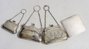 A late Victorian silver handbag purse with suspension chain, Birmingham, 1898, two later silver hand