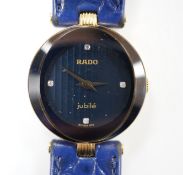 A lady's modern steel and gold plated Rado Jubile quartz wrist watch, Rado strap and spare black