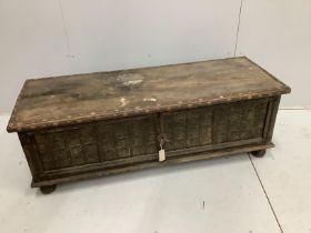 A Zanzibar style brass mounted hardwood coffer, width 142cm, depth 51cm, height 49cm