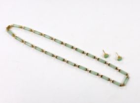 A Chinese 14k yellow metal and jade set baton link necklace, 45cm, gross weight 26.3 grams, together