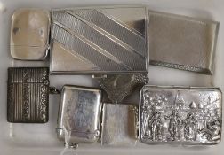 A Victorian engine turned silver vinaigrette, Birmingham, 1876, 33mm, three assorted later silver