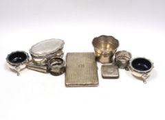 Sundry small silver including an Asprey silver cigarette case, 12.7cm, napkin ring, trinket box,
