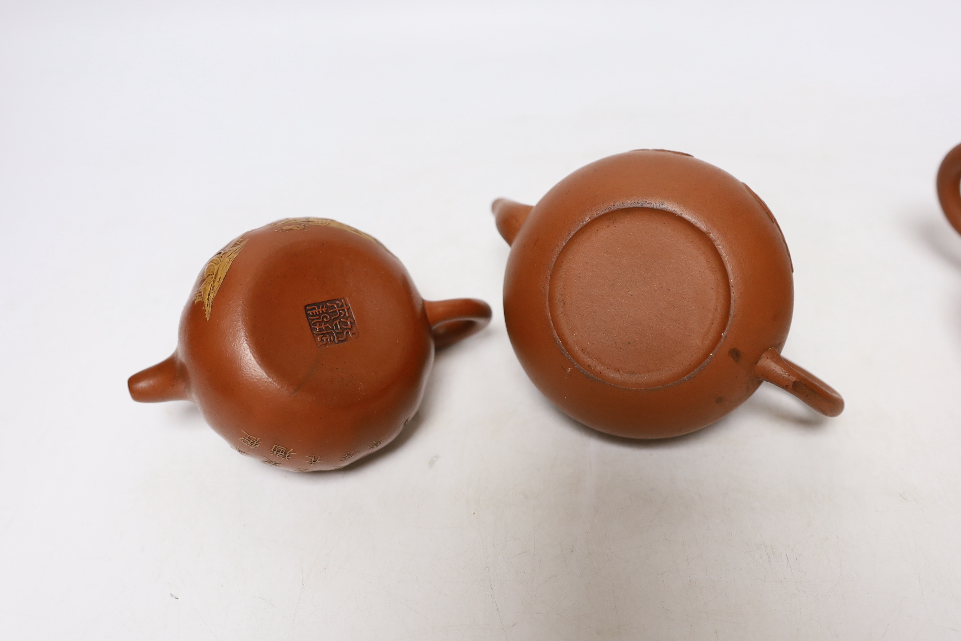 Four Chinese Yixing teapots, one slip decorated with a landscape, tallest 10.5cm Provenance- from - Image 5 of 8