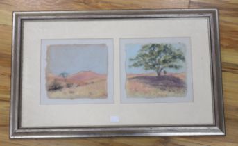 Hazel Soan, watercolour and pastel, African landscapes, 21 x 22cm, framed as one