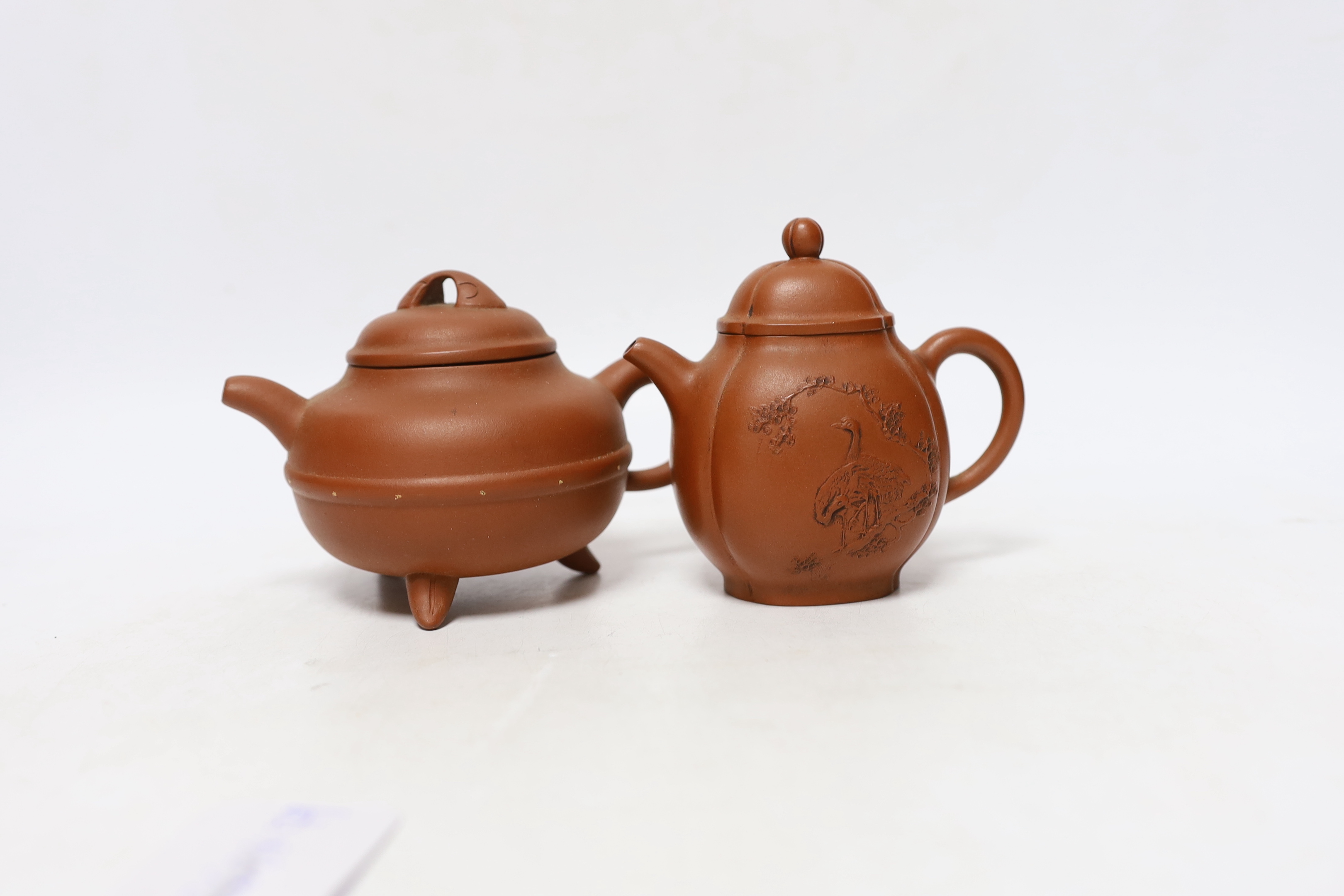 Four Chinese Yixing teapots, one slip decorated with a landscape, tallest 10.5cm Provenance- from - Image 6 of 8