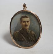 Miniature watercolour portrait on ivory of RFC officer Tom Abbot wearing military dress, with