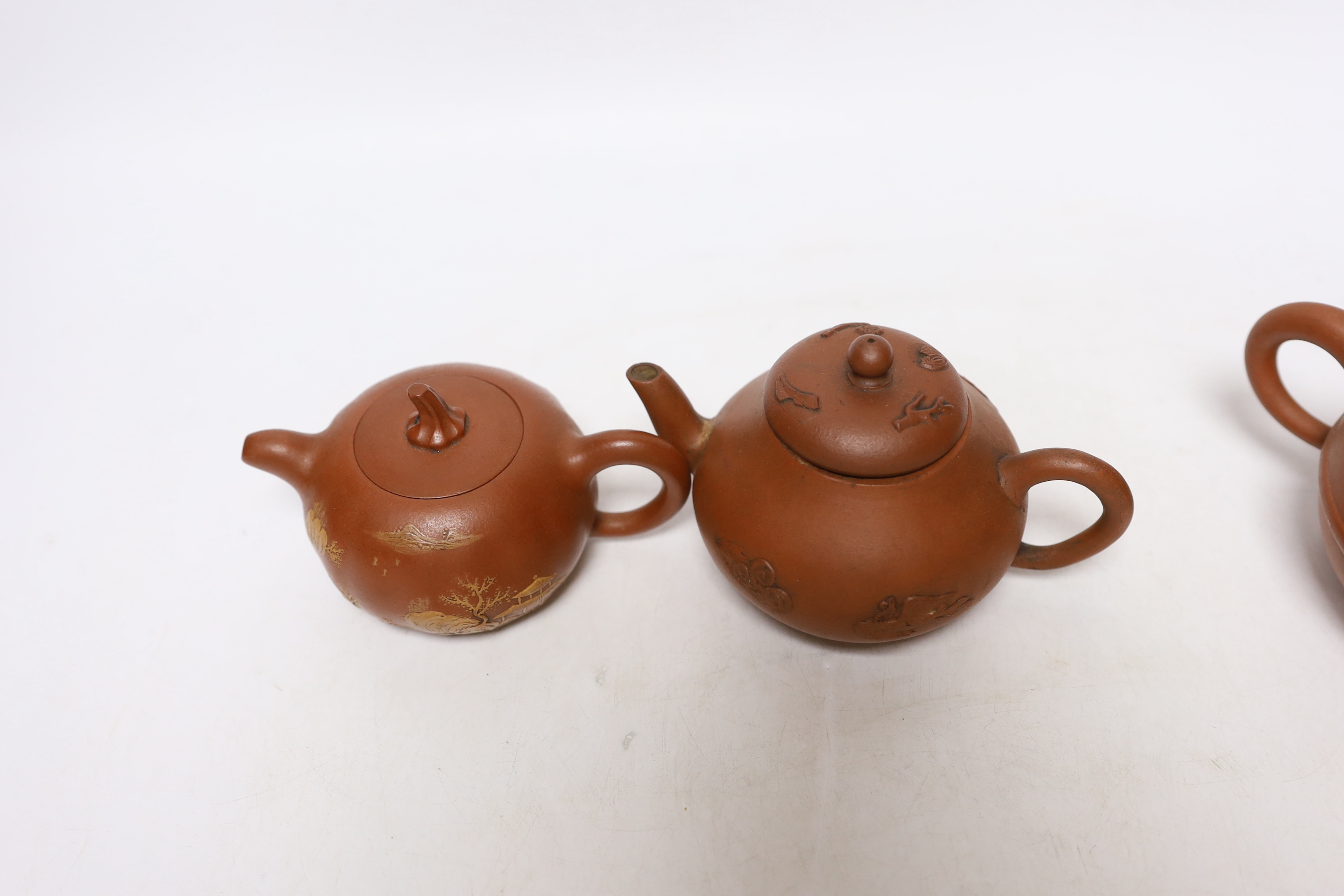 Four Chinese Yixing teapots, one slip decorated with a landscape, tallest 10.5cm Provenance- from - Image 4 of 8