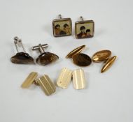 Four assorted pairs of gilt or base metal cufflinks including 'The Beatles'.