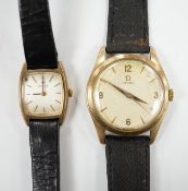 A gentleman's 9ct gold Omega manual wind wrist watch, on associated strap and a lady's 9ct gold