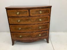 A Regency satinwood banded mahogany bow fronted chest of drawers, width 105cm, depth 55cm, height