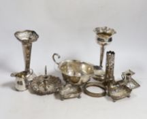Sundry small silver including a sauceboat, two mounted posy vases, pair of salts, small cream jug,