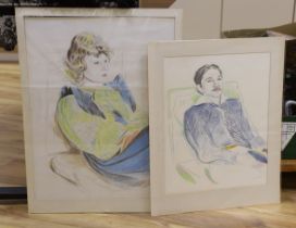 In the manner of David Hockney (b.1937) two crayon sketches, Portraits of a lady and gentleman,