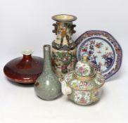 An 18th century Chinese export dish, sand de boeuf squat vase, crackle glaze bottle vase and a